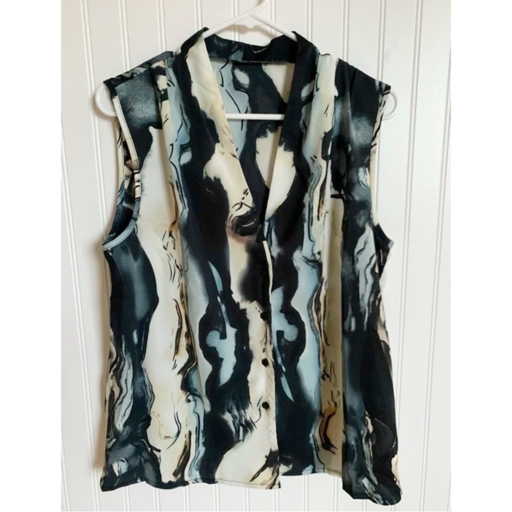 Marble Print Button Down Collared Sleeveless Blouse Top - Picture 9 of 9